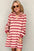 Full size striped contrast collared neck long sleeve dress in red and white.