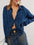 Frill ruched collared neck long sleeve shirt in blue with buttoned design.