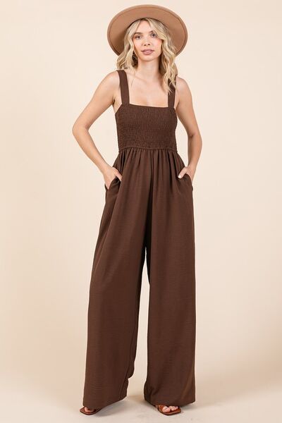 Mittoshop Smocked Wide Strap Wide Leg Overalls