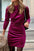 Ruched mock neck long sleeve dress in deep magenta.