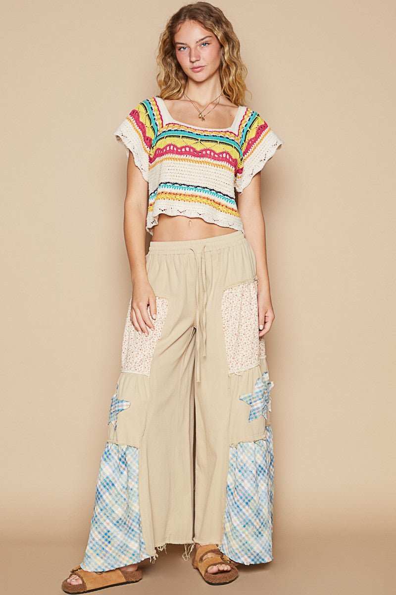 POL Openwork Ethnic Pattern Square Neck Cropped Knit Top