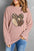 Heart ribbed round neck sweatshirt with leopard print design, 100% polyester, basic style.