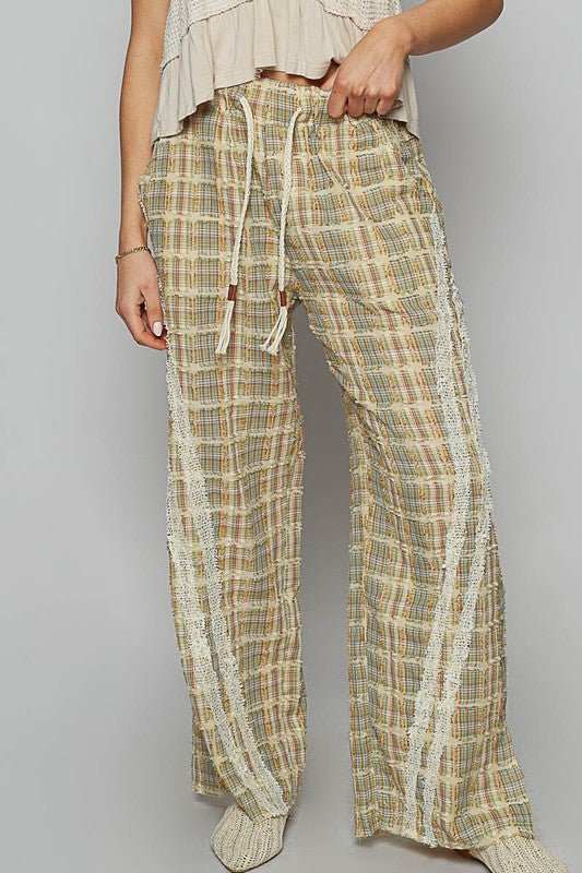 POL Lace Trim Drawstring Checkered Wide Leg Pants