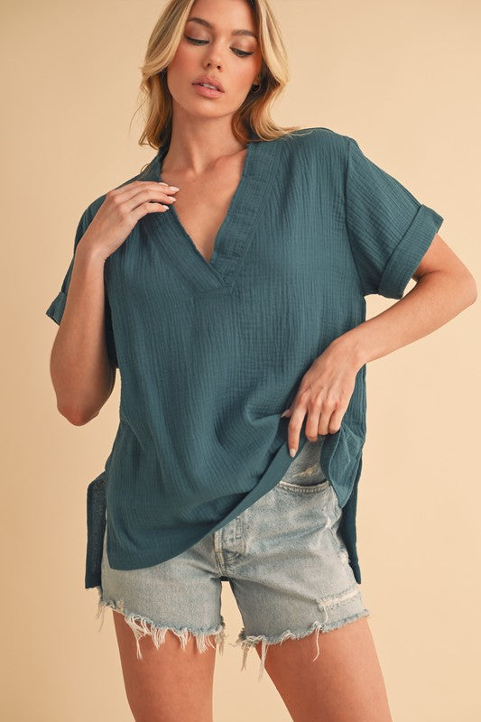 Aemi + Co Side Slit V-Neck Short Sleeve Blouse