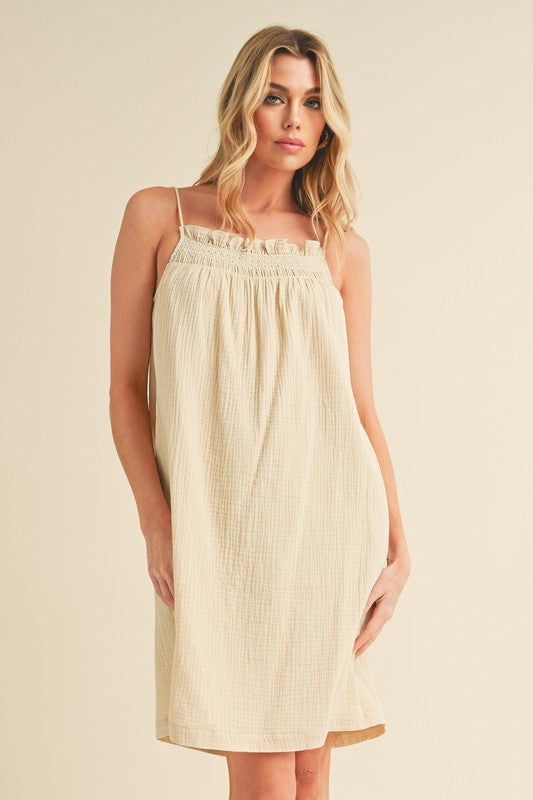 Aemi + Co Embroidered Trim Gauze Square Neck Mini Cami Dress