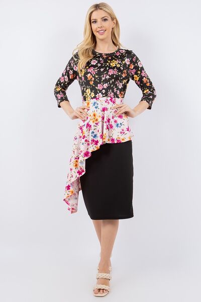 Celeste Full Size Floral Asymmetrical Hemline Round Neck Top Plus Size