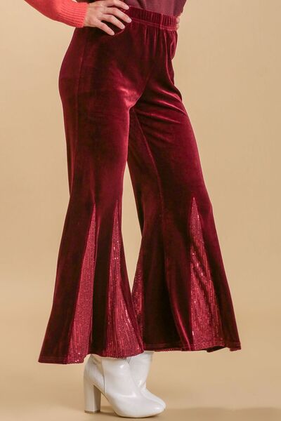 Umgee Full Size Sequin Elastic Waist Velvet Stretch Flare Leg Pants Plus Size