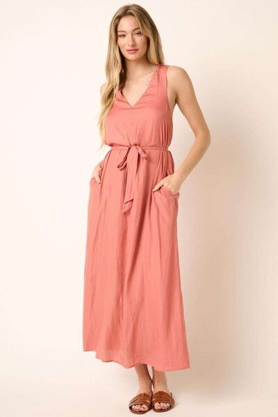 Mittoshop Cross Back Belted V Neck Tank Maxi Dress