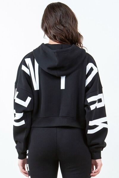 American Bazi Letter Graphic Long Sleeve Drawstring Cropped Hoodie