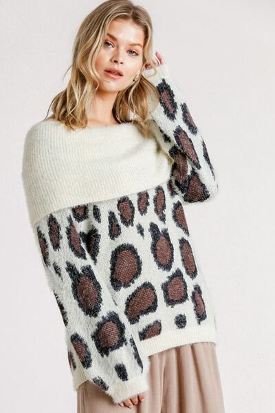 Umgee Full Size Leopard Off-Shoulder Long Sleeve Sweater Plus Size