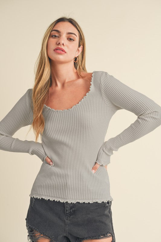 Aemi + Co Lettuce Hem Scoop Neck Long Sleeve Knit Top