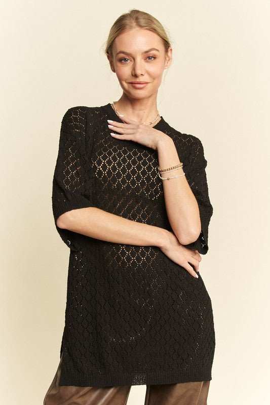 Davi & Dani Side Slit Openwork Round Neck Half Sleeve Knit Cover Up