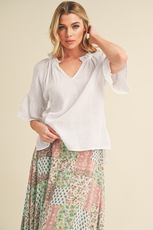 Aemi + Co Side Slit Notched Ruffled Half Sleeve Blouse