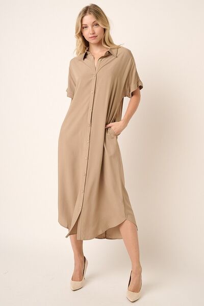 Mittoshop Collared Neck Dolman Short Sleeve Midi Shirt Dress