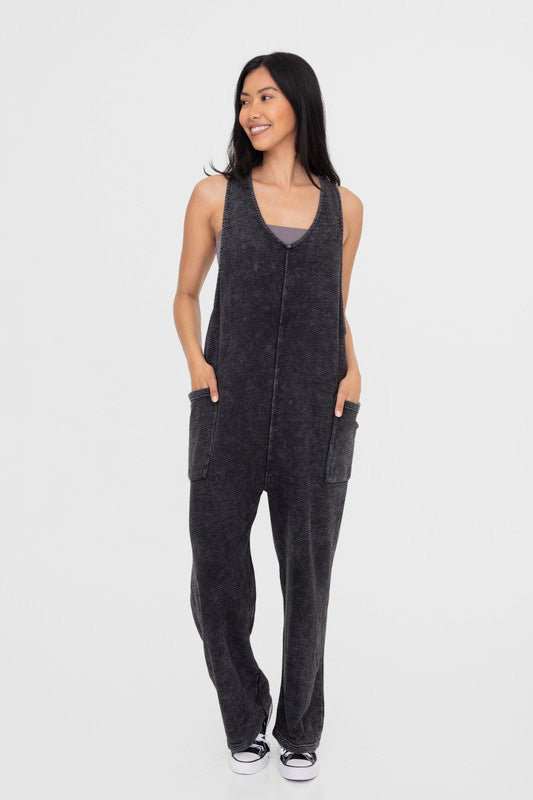 Mono B Mineral-Washed V Neck Overalls with Pockets