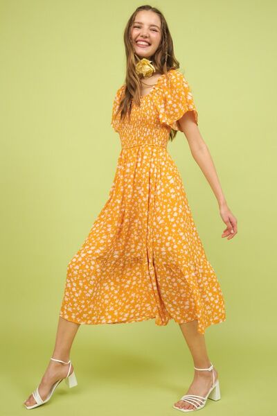 Mittoshop Flower Print Flutter Sleeve Smocked Midi Dress