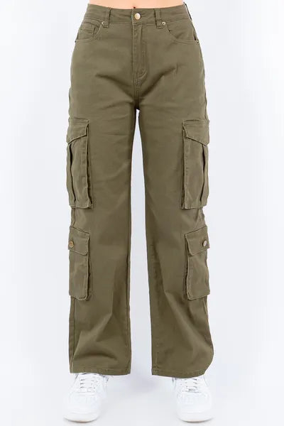 American Bazi Full Size Button Waist High Rise Cargo Pants Plus Size