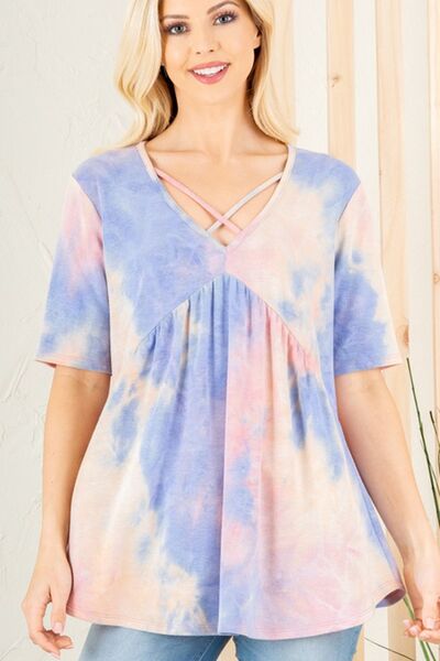 Heimish Full Size Crisscross Tie Dye Babydoll Top Plus Size