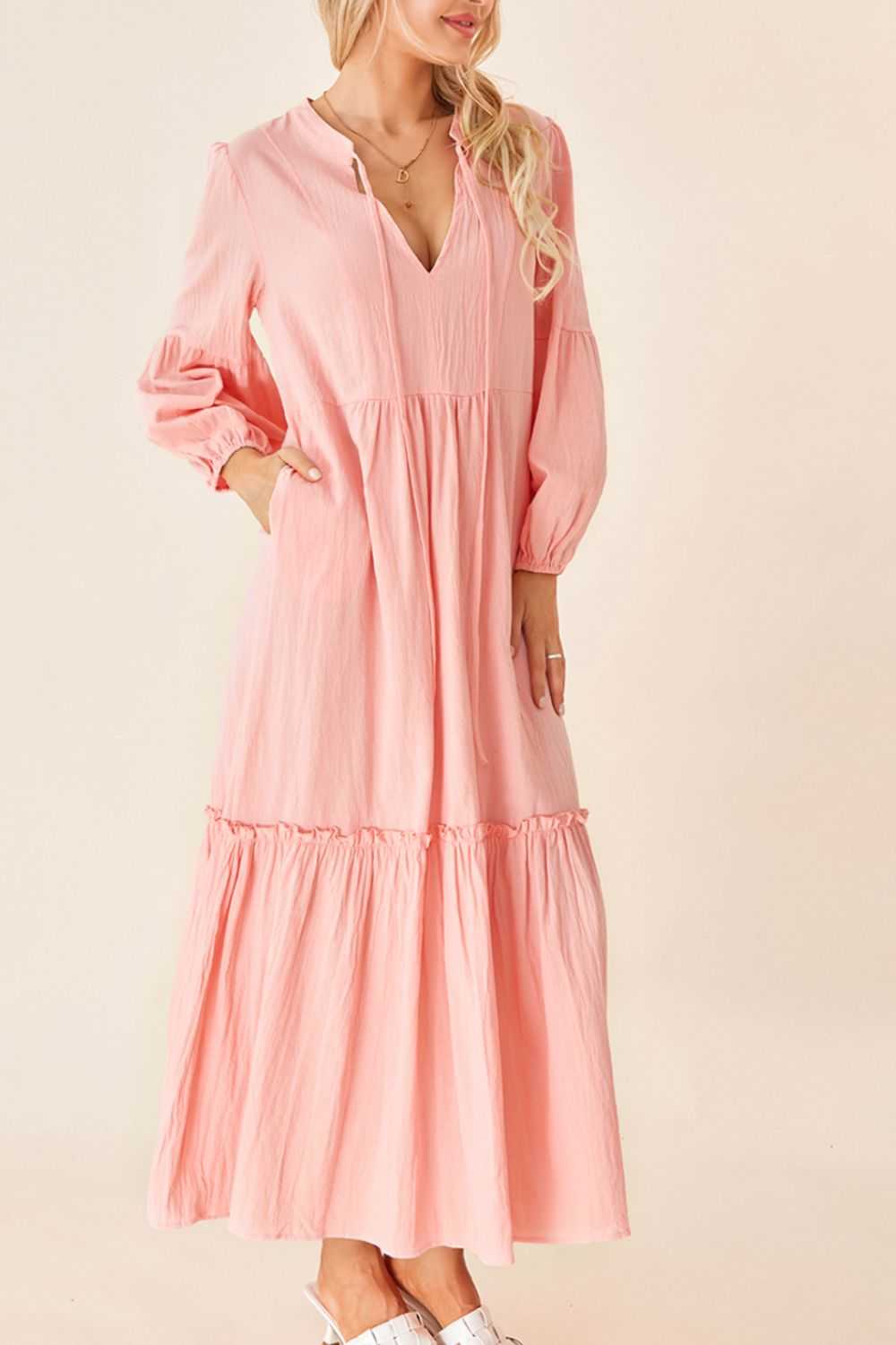 Frill Tiered Tie Neck Long Sleeve Dress