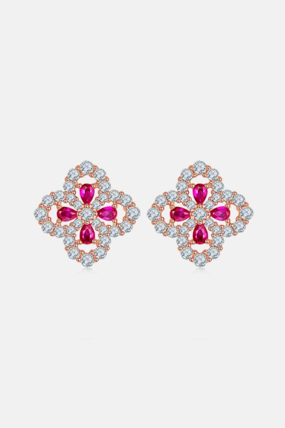 925 Sterling Silver Lab-Grown Ruby Flower Shape Stud Earrings