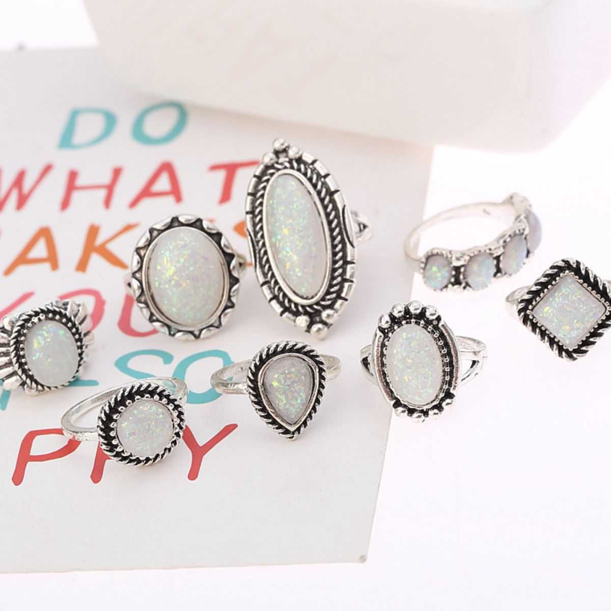 Opal Alloy Geometric Ring 8-Piece Set