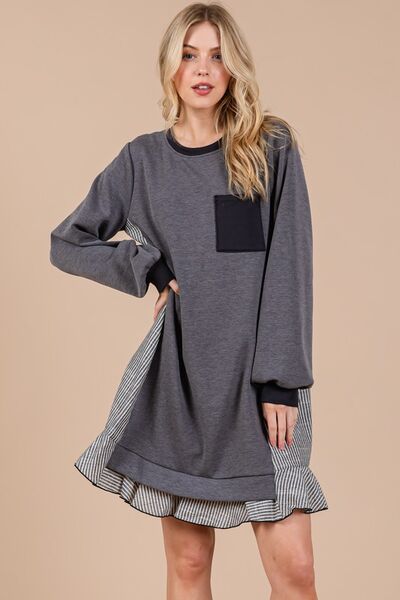 Ces Femme Striped Patchwork Round Neck Terry Sweatshirt Dress