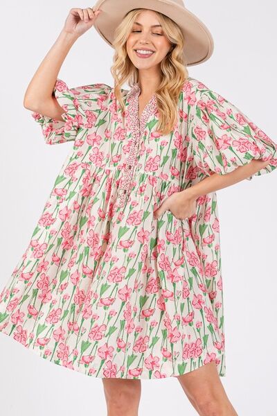 SAGE + FIG Floral Half Button Notched Puff Sleeve Dress