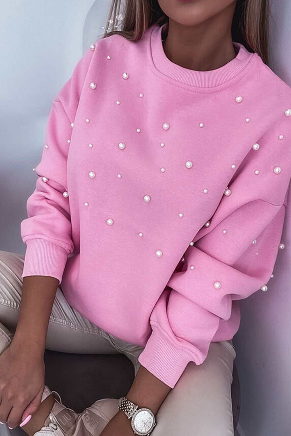 Pearl Detail Ribbed Round Neck Sweatshirt