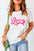 LOVE round neck short sleeve t-shirt, white with pink text, casual style.