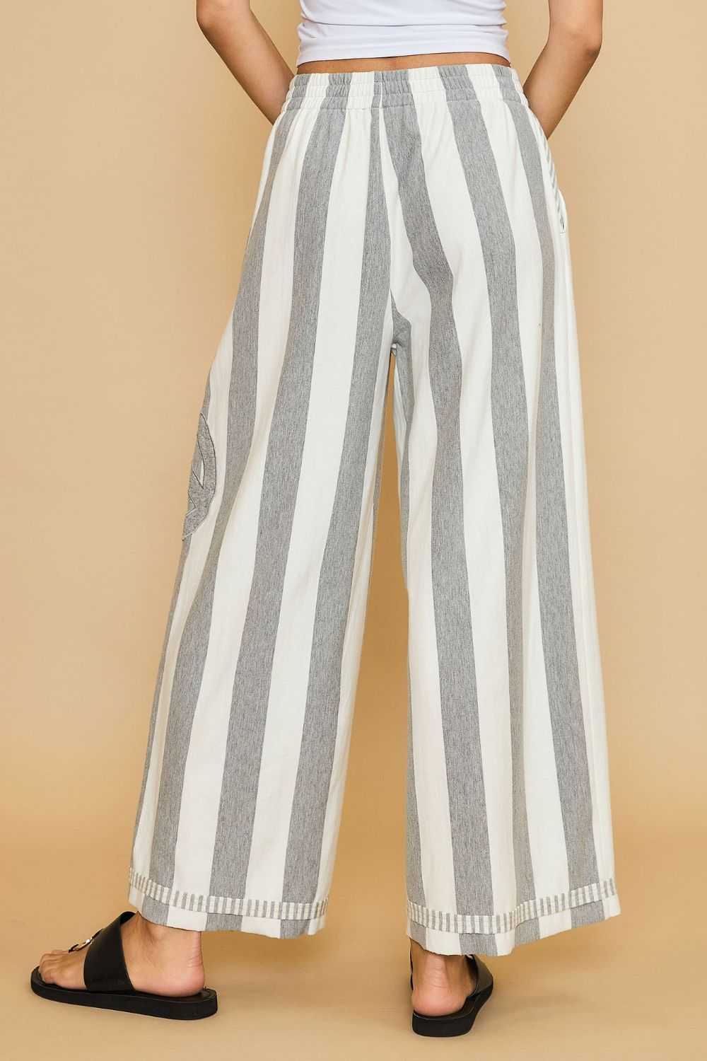 Umgee Peace Sign Patch Striped Wide Leg Pants