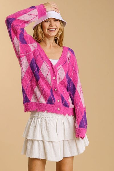 Umgee Full Size Argyle Pattern V-Neck Button Front Cardigan Plus Size