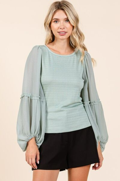 Mittoshop Mixed Media Textured Knit Chiffon Long Sleeve Top