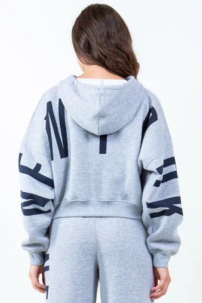 American Bazi Letter Graphic Long Sleeve Drawstring Cropped Hoodie