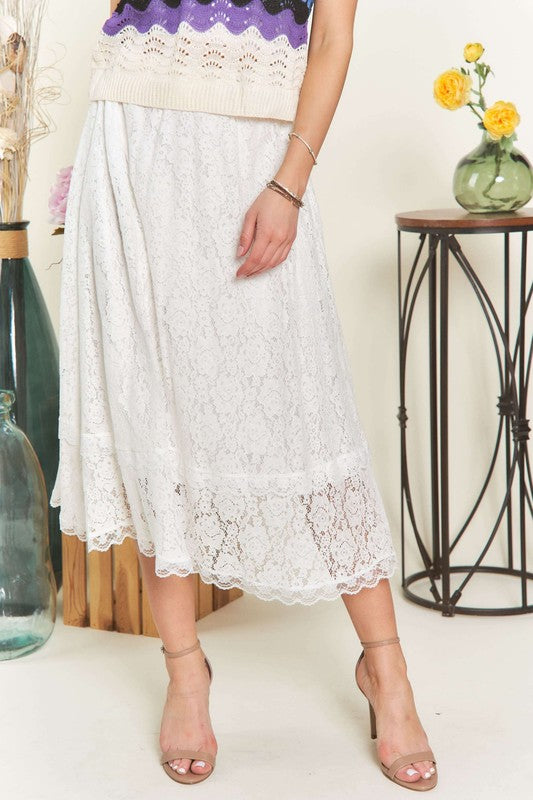 ADORA Elastic Waist Lace Midi Skirt