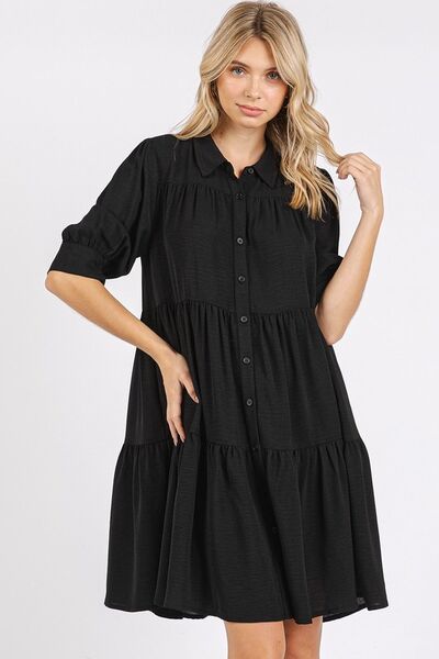 Mittoshop Button Detail Collared Neck Tiered Shirt Dress