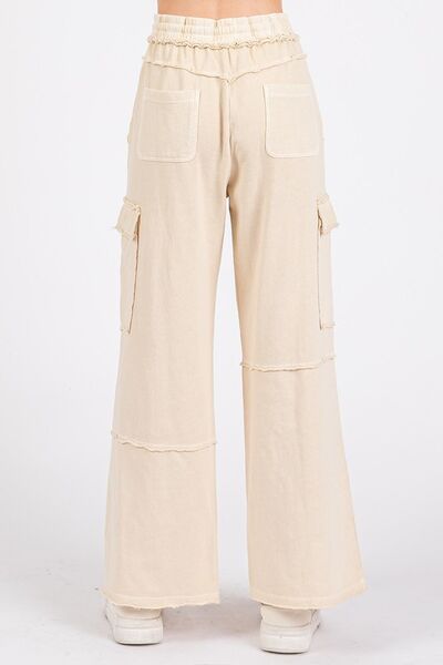 Mittoshop Mineral Wash Elastic Waist Cargo Wide Leg Pants