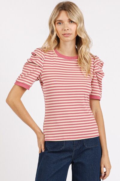 Mittoshop Striped Round Neck Puff Sleeve T-Shirt