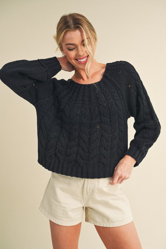 Aemi + Co Cable-Knit Openwork Round Neck Sweater