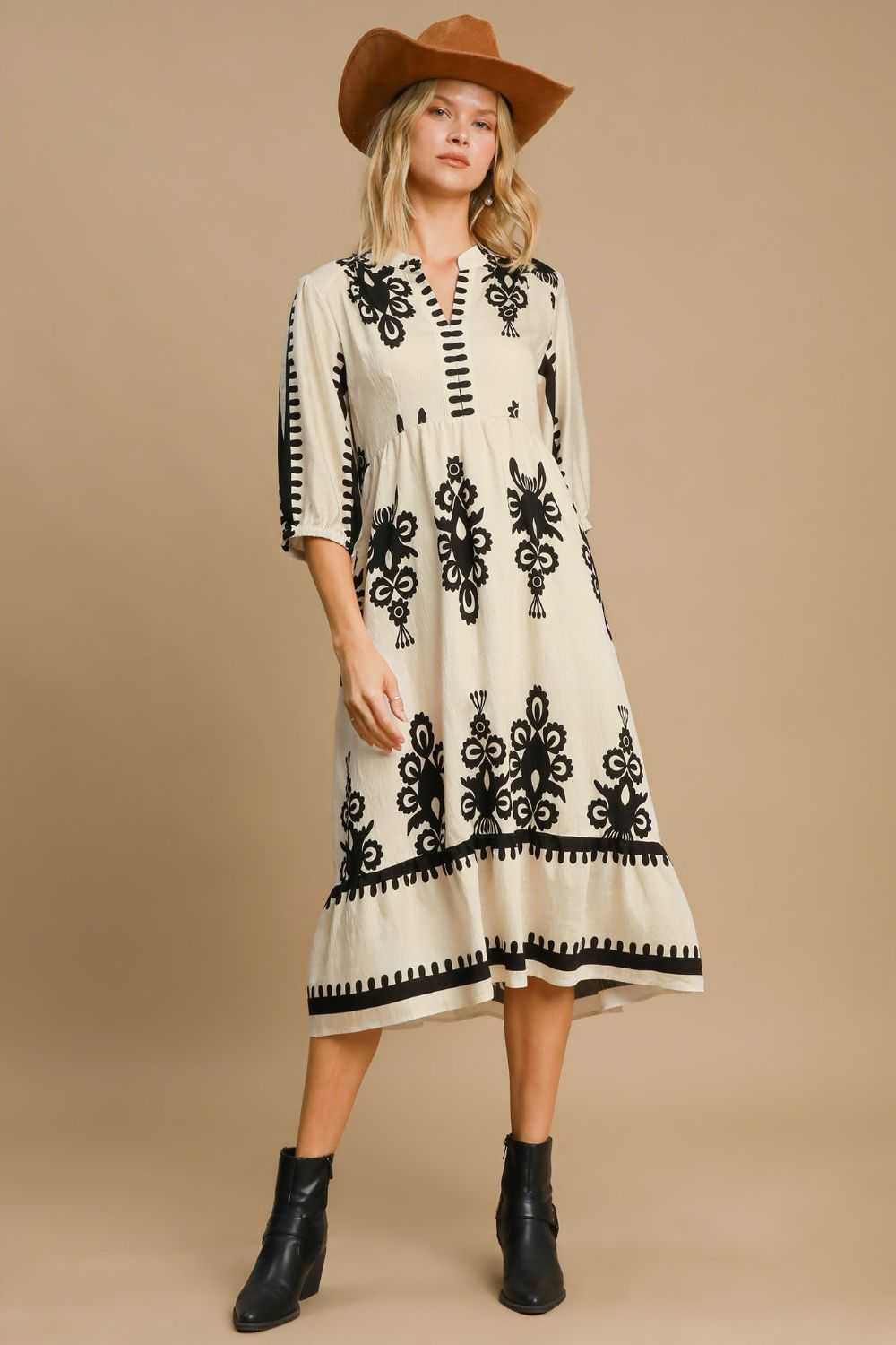 Umgee Printed Notched Midi Dress with chic print and ruffled design.