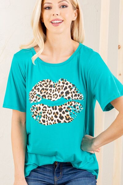 Heimish Full Size Leopard Lip Round Neck Short Sleeve T-Shirt Plus Size