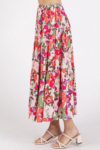 Mittoshop Flower Print Elastic Waist Tiered Skirt