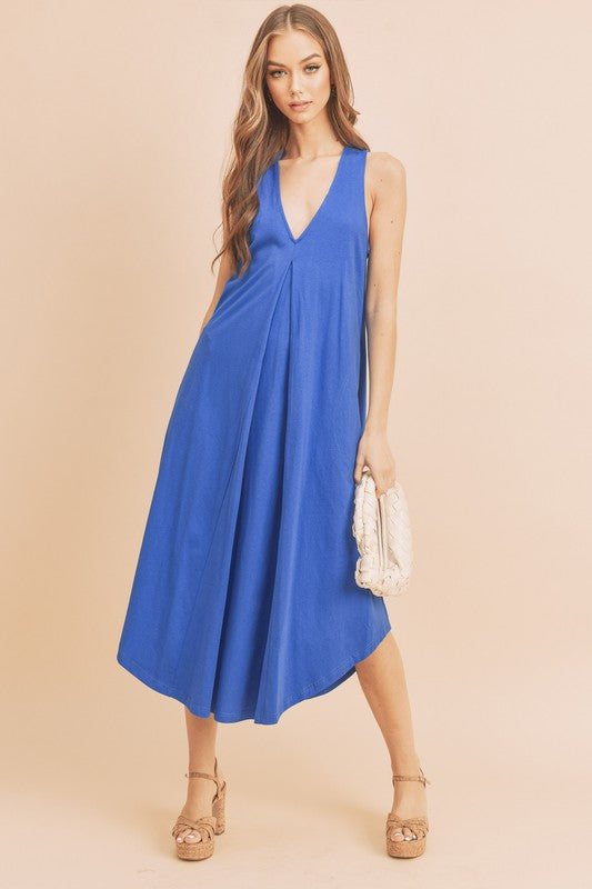 Aemi + Co Front Pleat Detail V-Neck Sleeveless Midi Dress