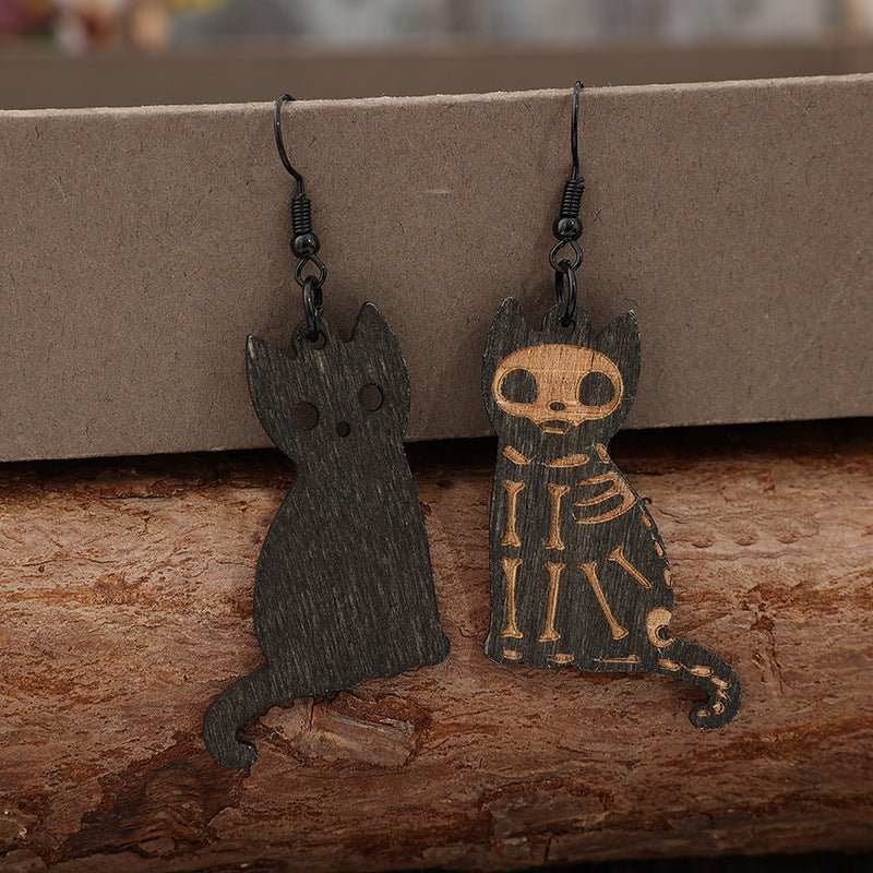 Alloy Hook Wooden Cat Earrings