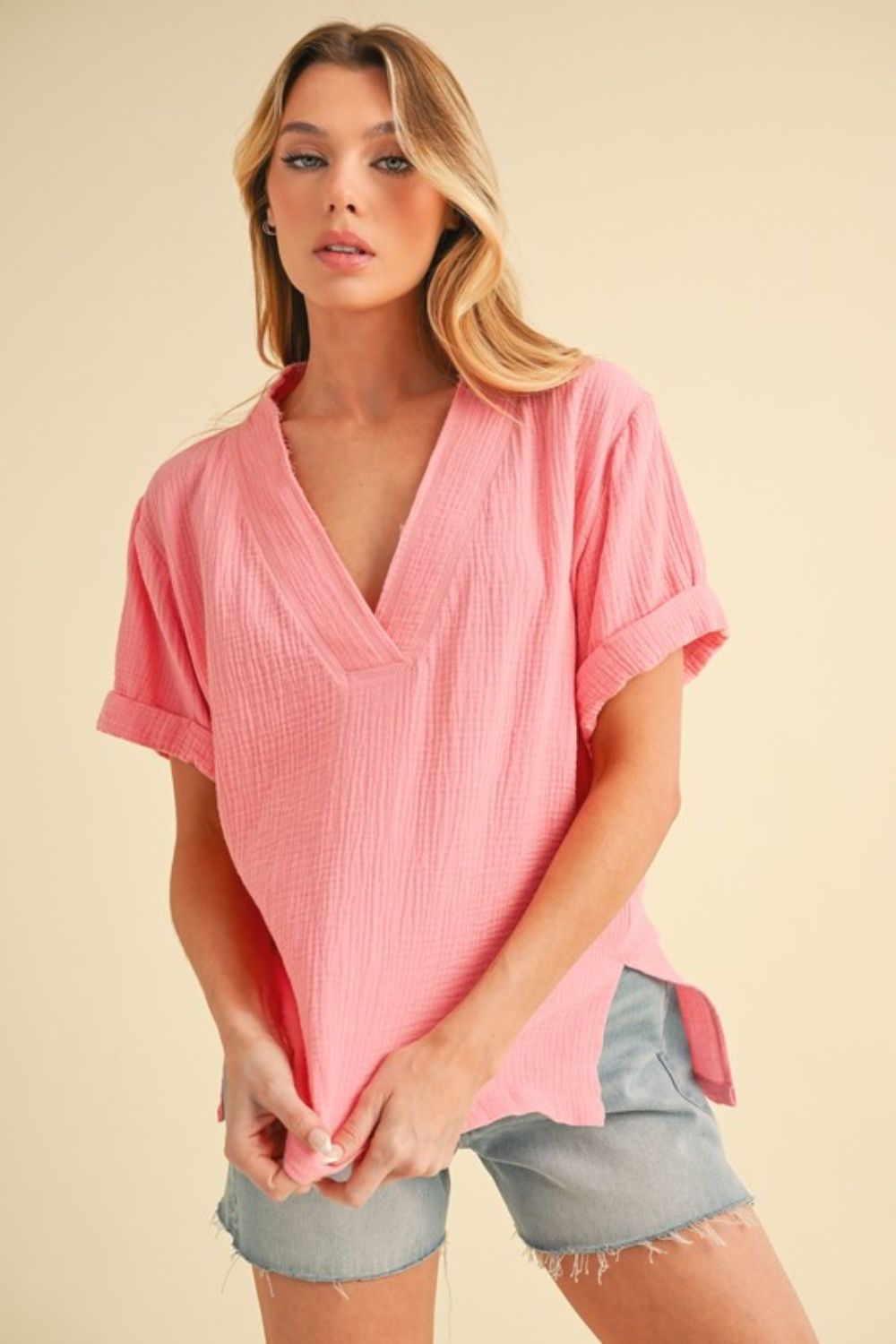 Aemi + Co Side Slit V-Neck Short Sleeve Blouse