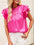 Leopard frill mock neck ruffled cap sleeve top in vibrant pink.