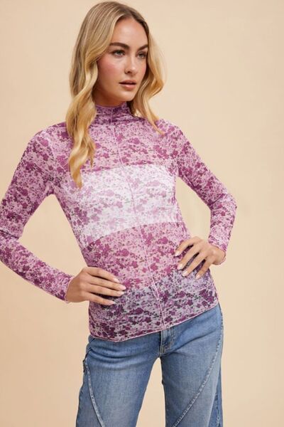 Annie Wear Floral Lettuce Hem Sheer Mesh Top