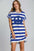 Umgee Peace Applique Striped Short Sleeve Mini Dress with peace sign detail.