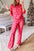 Heart Round Neck Top and Pants Set with Heart Patterns, Slight Stretch, Polyester Blend.