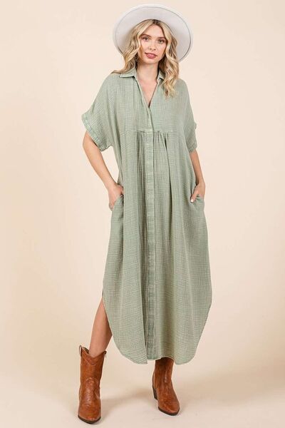 Mittoshop Mineral Wash V Neck Button Up Midi Shirt Dress