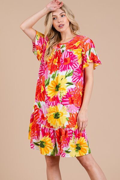 Ces Femme Floral Ruffled Short Sleeve Dress